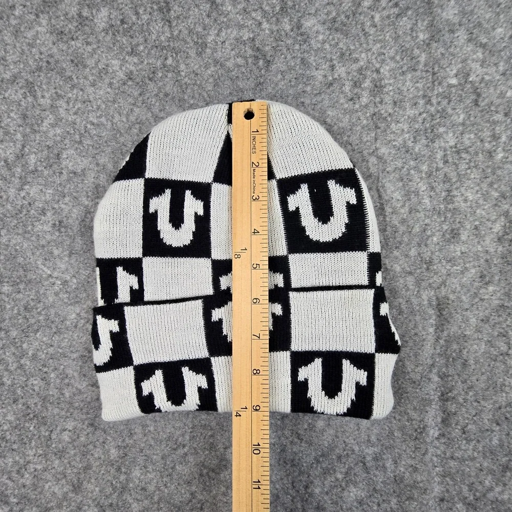 True Religion Beanie Unisex OS Black White Checkered Logo Faux Fur Lined Hat